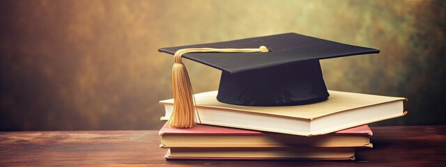 Graduation hat and stack of study books. Concept of learning, education and graduation. The pride of the family