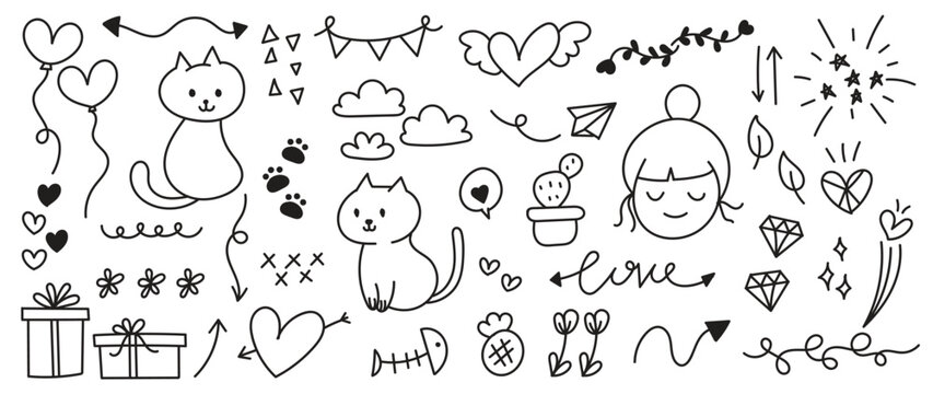 Doodle line sketch childish element set. Cat, heart, cloud, women. children draw style design elements background. Vector illustration.