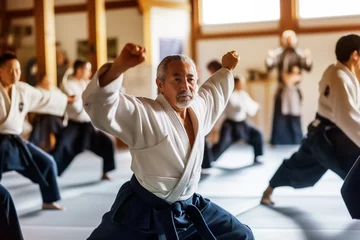 Gordijnen aikido master leading warmup stretches in class © Natalia