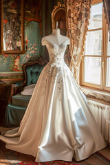 Fototapeta premium On a mannequin there is a beautiful wedding embroidered dress.