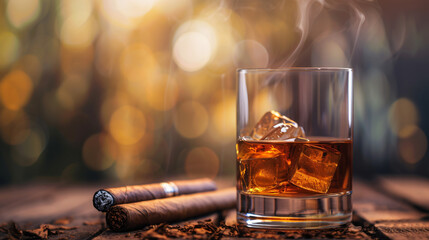 A Glass with Whiskey and a Cigar Next to It on