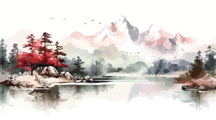 Mountain and Lake Landscape Chinese Background.