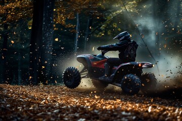 side profile of a highspeed atv, kicking up leaves in the forest - obrazy, fototapety, plakaty