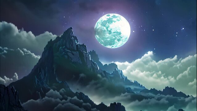Illustration of a Mountain Peak with a Large Moon Shadow. cartoon and anime style
