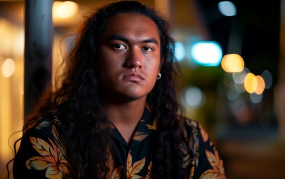 bigender, teenager stage, Polynesian individual. Illuminate them againstA urban with professional lighting, Their faces should express defiance.