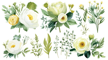 Watercolor Herbal Green Bouquet Gold Leaves Botanica