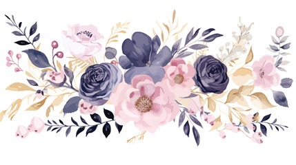 Watercolor Navy Pink Bouquet Gold Leaves Botanical  - obrazy, fototapety, plakaty