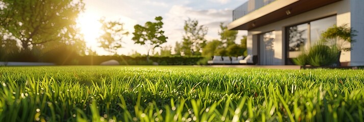The morning sun shines on the green lawn, The backyard for the background, the meadow grass, The design concept for background. Panoramic - obrazy, fototapety, plakaty