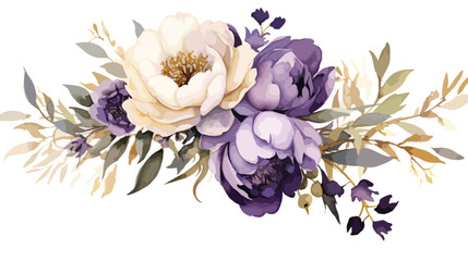 Watercolor Purple Bouquet Gold Leaves Botanical Clipart - obrazy, fototapety, plakaty