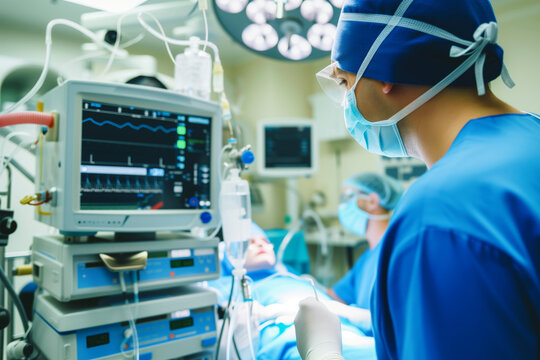anesthesiologist by the anesthesia machine, background surgery in progress