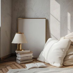 white lazy floor sofa, table lamp over 4 stacks of books, in the style of minimalist abstractions
