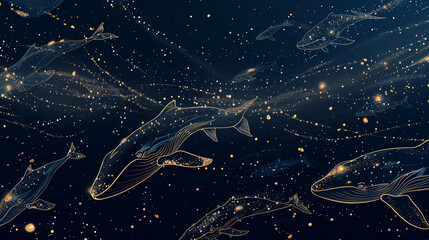 Ethereal Cosmic Whales Swimming Among Stardust in a Starry Sky