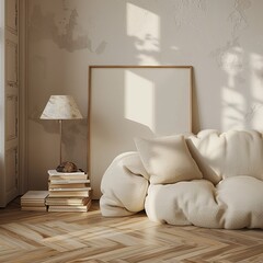 Fototapeta na wymiar white lazy floor sofa, table lamp over 4 stacks of books, in the style of minimalist abstractions