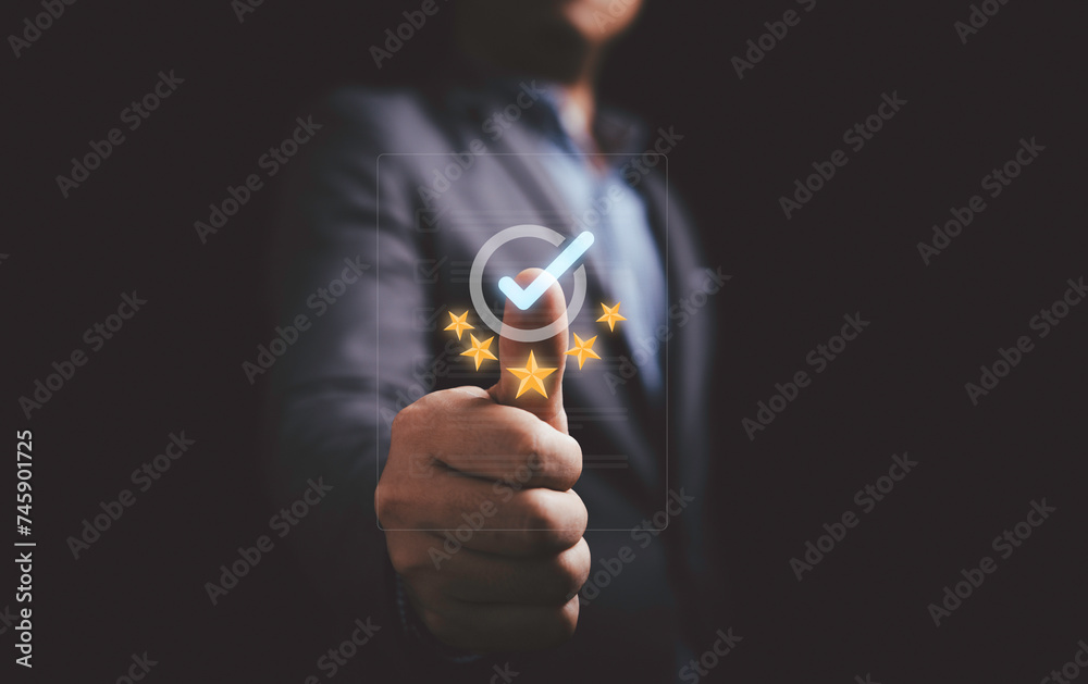 Poster businessman showing thumb up with correct sign mark and golden five stars on document for the best q
