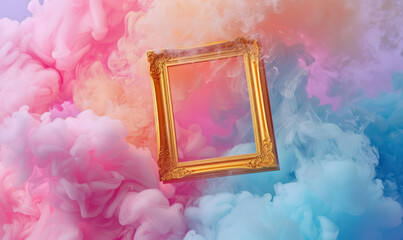 golden picture frame amidst colorful smoke clouds on holographic background