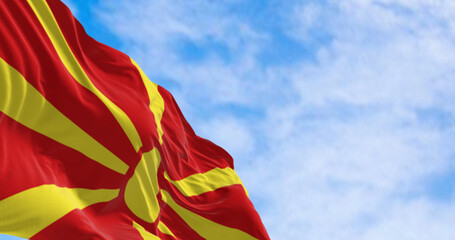 North Macedonia national flag waving in the wind on a clear day