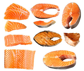 Top view raw salmon food seafood isolated, Fried salmon steak elements
