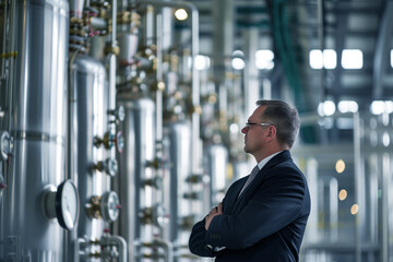 executive with arms crossed staring at distillation columns in refinery
