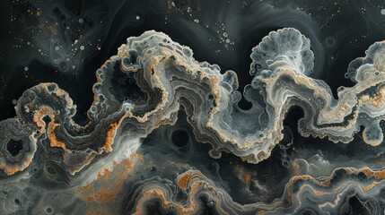 Intricate patterns of black and gray swirling textures embodying a natural stone formation illuminated by subtle golden highlights