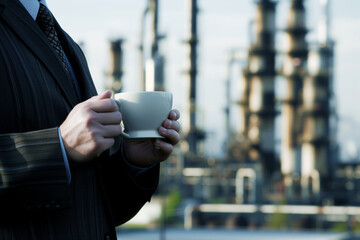 man in business clothes holding a cup of coffee, refinery backdrop