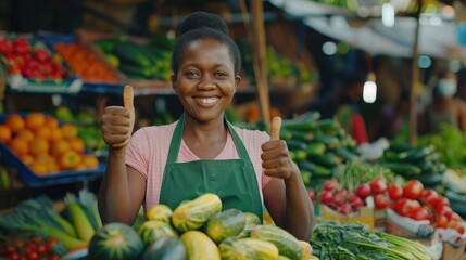 Happy African business woman or female trader wearing a green apron, doing thumbs up gestures while standing at her stall of vegetables in a market place