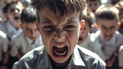 Caucasian middle school boy shouting agressiverly at his schoolmates experiencing children agression at school as bulling concept - obrazy, fototapety, plakaty