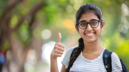 Happy indian female student wearing glasses showing thumbs up sign gesture