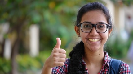Happy indian female student wearing glasses showing thumbs up sign gesture
