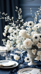 table setting with white flowers