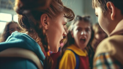 Diverse children shouting at each other at middle school - obrazy, fototapety, plakaty