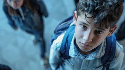 Latino middle school sad boy looking at camera from below experiencing children agression at school as bulling concept - obrazy, fototapety, plakaty