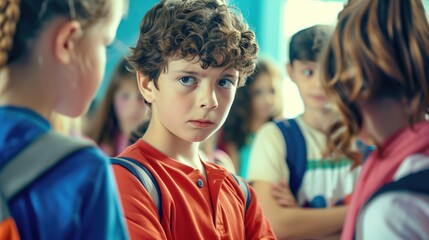 Sad boy in middle school experiencing children agression at school as child bulling concept