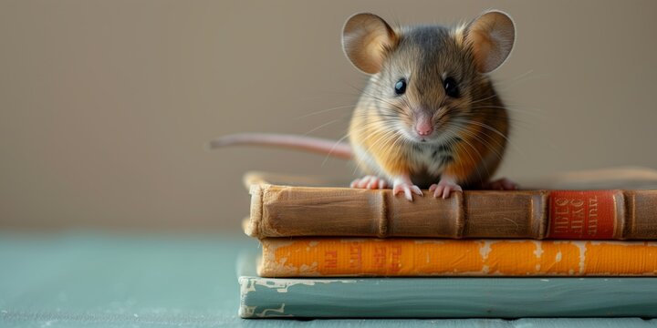 Education concept - rat or mouse sitting on books on beige background. April National Library Day. I love read the books. Cute mouse sitting on the top of books stack