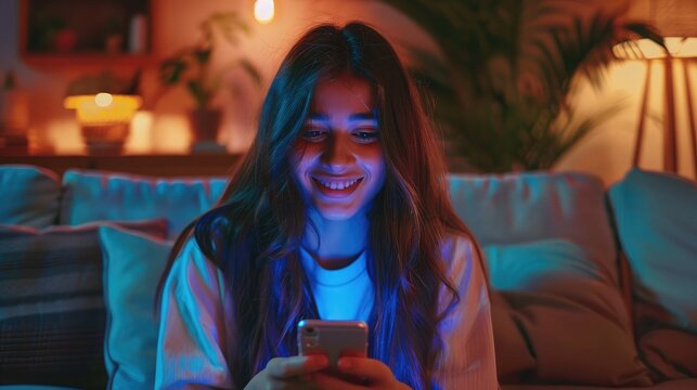 Happy millennial hispanic teen girl checking social media holding smartphone at home. Smiling young latin woman using mobile phone app playing game, shopping online, ordering delivery relax on sofa.
