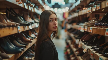 Portrait of beautiful young woman shopping new shoes in store. People shopping concept. - obrazy, fototapety, plakaty