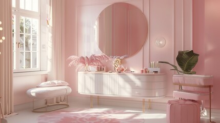 Sophistication of a women's room interior in pastel colors, sleek lines and contemporary decor elements blend seamlessly to create a stylish and modern space that exudes elegance