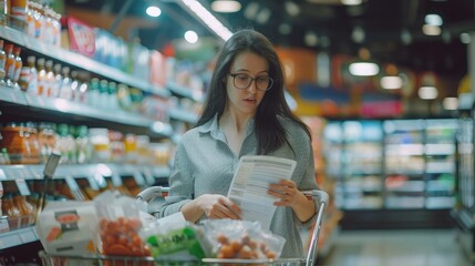 Woman pushing a cart and checking a grocery receipt, grocery shopping and expenses concept