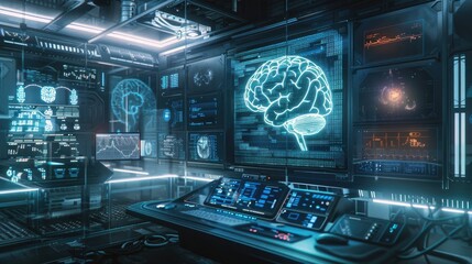 ฺฺBrain research medical technology. Modern Brain Study Laboratory and Monitors EEG Reading and Brain Model Functioning. Futuristic Holographic Interface, Showing Neurological Data. 
