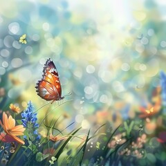 Fototapeta na wymiar illustration of beautiful garden background with flowers and butterfly in spring season ai generated
