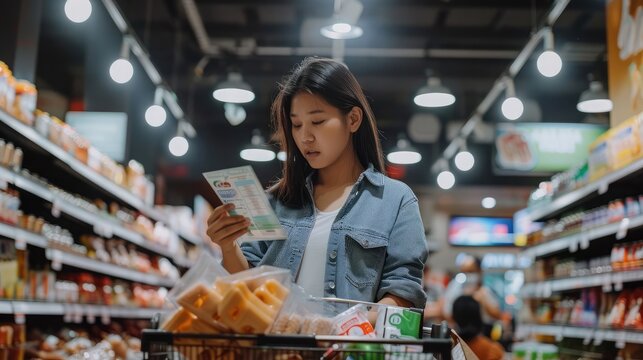 Woman pushing a cart and checking a grocery receipt, grocery shopping and expenses concept