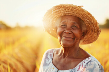 Elderly african woman farmer in the field, golden hour - obrazy, fototapety, plakaty