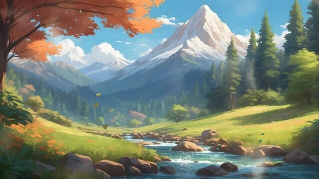 a painting of a mountain scene with a stream. seamless looping 4k video animation background