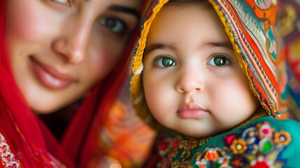 Portrait photo of a Pakistani mother with her baby, mother green eyes