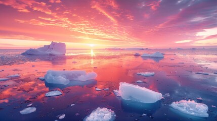 Dramatic Sunset over Glacial Seas: Pink, Orange, and Purple Hues with Ice Reflections - obrazy, fototapety, plakaty