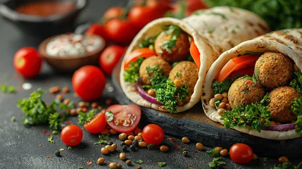 Fotobehang Fresh falafel in pita with veggies and herbs on a wooden board. Delicious homemade falafel pita sandwiches © losmostachos