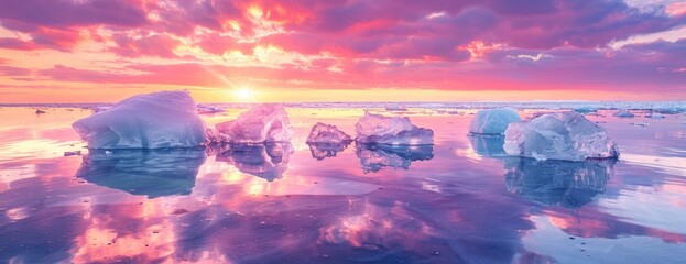 Dramatic Sunset over Glacial Seas: Pink, Orange, and Purple Hues with Ice Reflections - obrazy, fototapety, plakaty