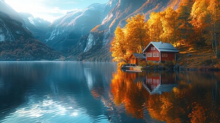 Expansive Lakeside Autumn: Quaint Hut Amidst Grainy Gradient of Golden Foliage Reflection