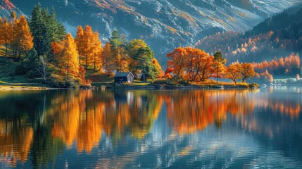 Golden Hour Serenity: Vibrant Autumn Foliage and Quaint Hut Reflection on Placid Lake