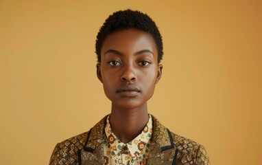 Obraz premium young adult stage, Southern African individual. Illuminate them againstA ochre background with professional lighting, Their faces should express empathy