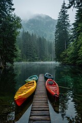 Early Adventure Awaits: Colorful Canoes Ready by Pine-Bordered Lake with Symmetric Mountain Reflection